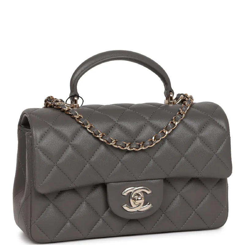 Chanel Mini Rectangular Flap Bag with Top Handle Dark Grey Lambskin Light Gold Hardware