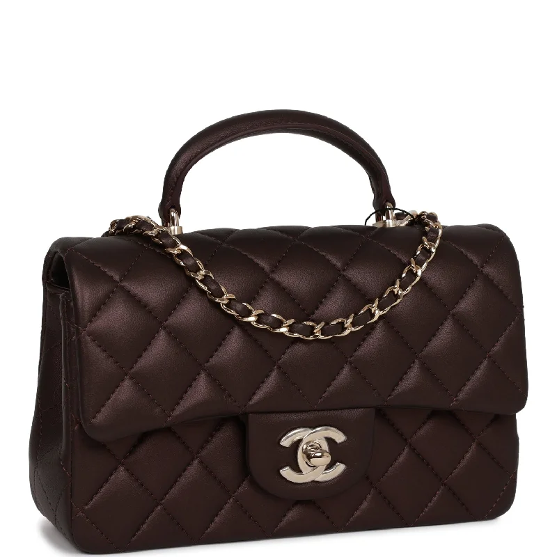 Chanel Mini Rectangular Flap Bag with Top Handle Burgundy Lambskin Light Gold Hardware