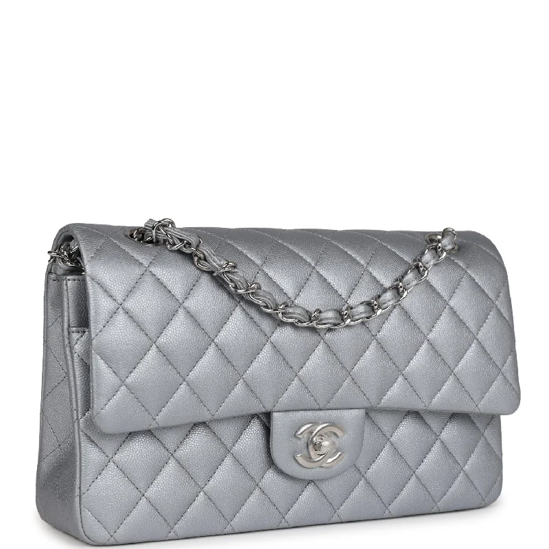 Chanel Medium Classic Double Flap Silver Caviar Silver Hardware