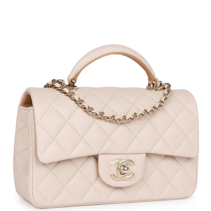 Chanel Mini Rectangular Flap with Top Handle Beige and Caramel Lambskin Light Gold Hardware