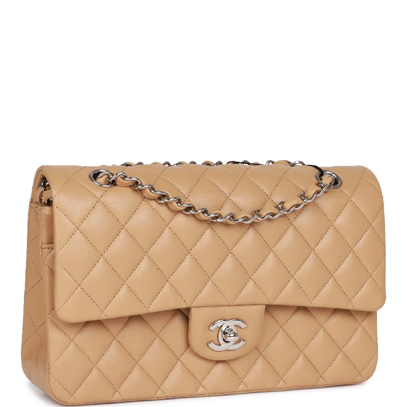 Chanel Medium Classic Double Flap Bag Beige Lambskin Silver Hardware