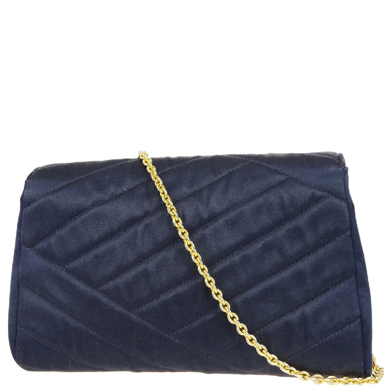 Chanel * Bias Stitch Rhinestone Chain Shoulder Bag Navy Satin