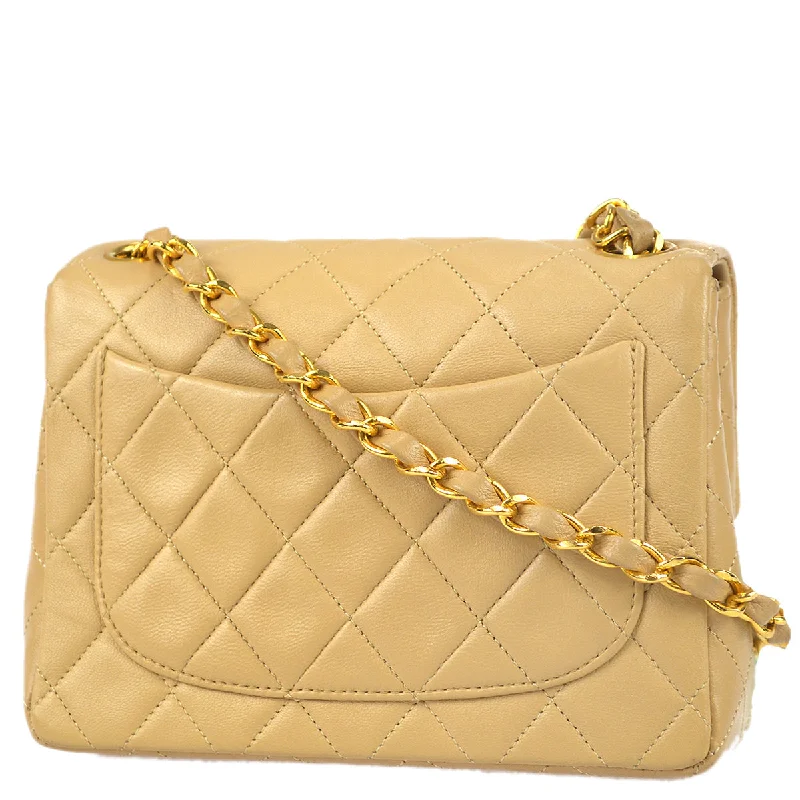 Chanel * Classic Flap Mini Square Chain Shoulder Bag Beige Lambskin