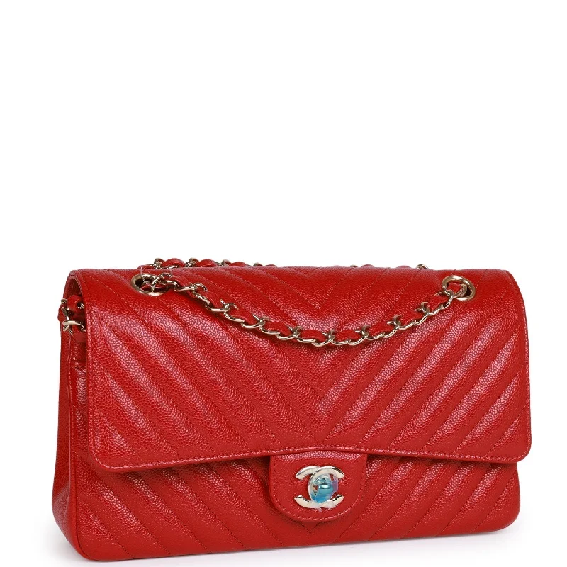 Chanel Medium Classic Double Flap Bag Red Chevron Caviar Light Gold Hardware