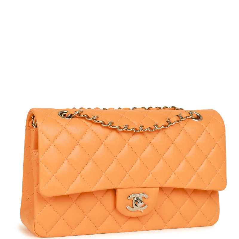 Chanel Medium Classic Double Flap Bag Neon Orange Lambskin Silver Hardware