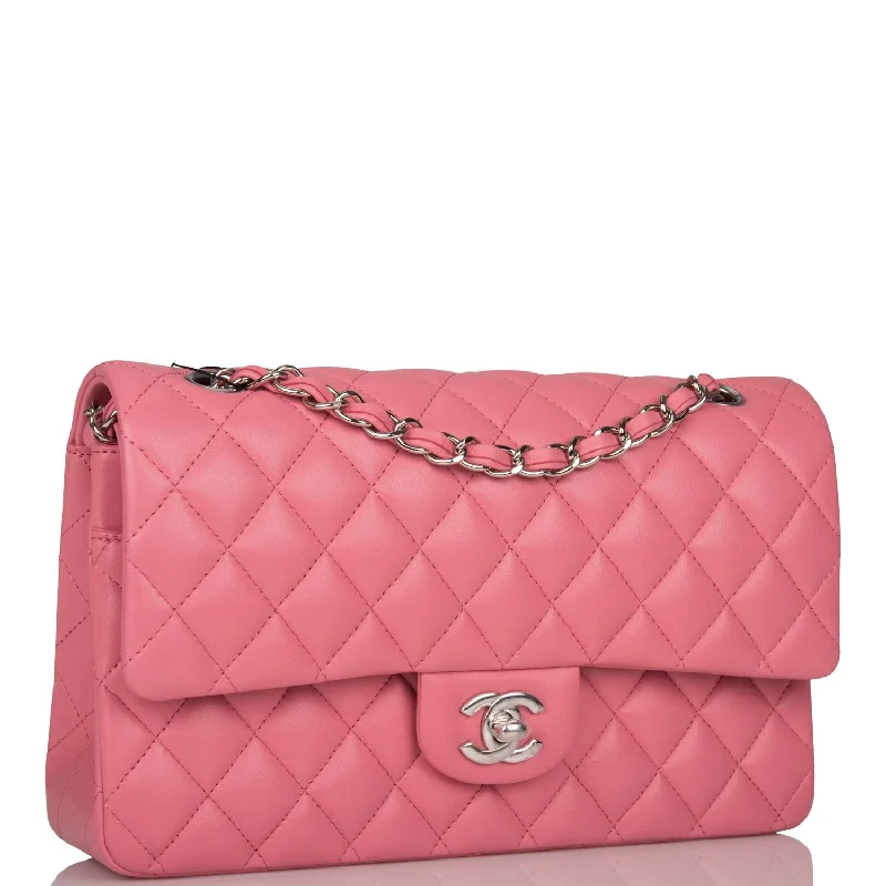 Chanel Medium Classic Double Flap Bag Rose Quilted Lambskin Silver Hardware