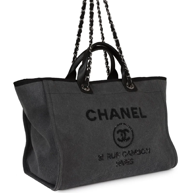 Chanel Medium Deauville Shopping Bag Dark Grey Denim Silver Hardware