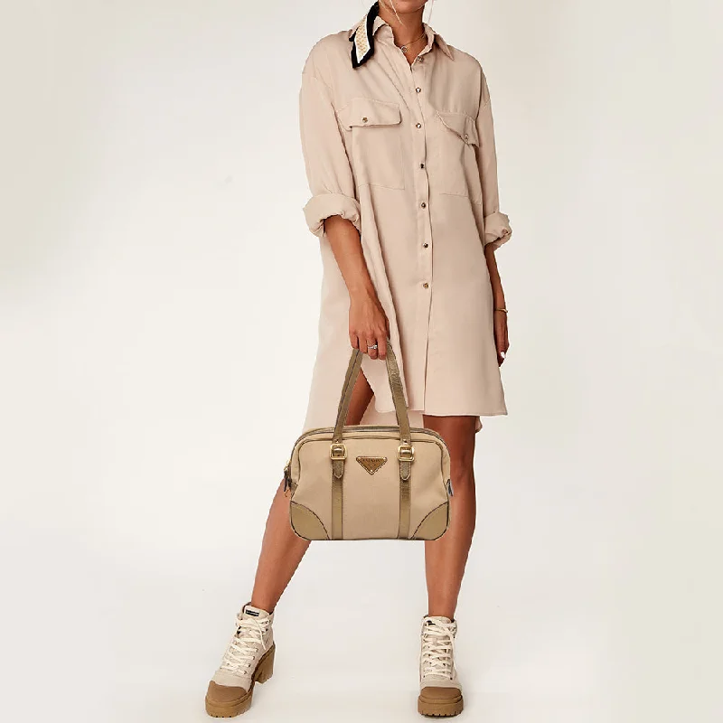 PRADA Metallic/Beige Canvas and Leather Zip Bowler Bag