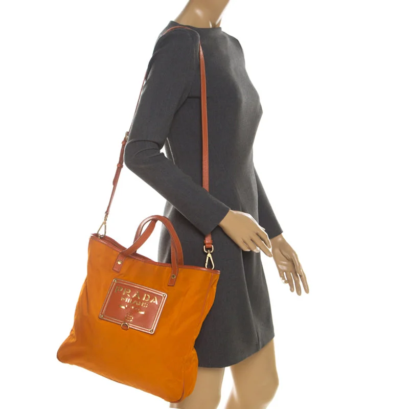 Prada Orange Nylon and Leather Lasercut Logo Tote