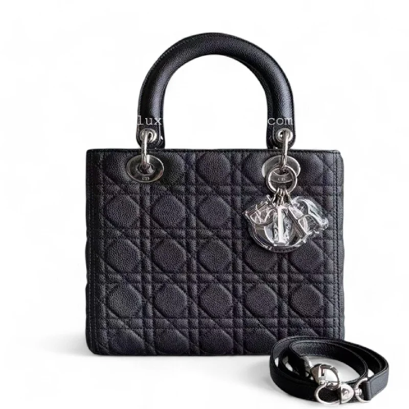 *Rare Caviar* Dior Lady Medium - Grained Calfskin Cannage Black Silver Hardware