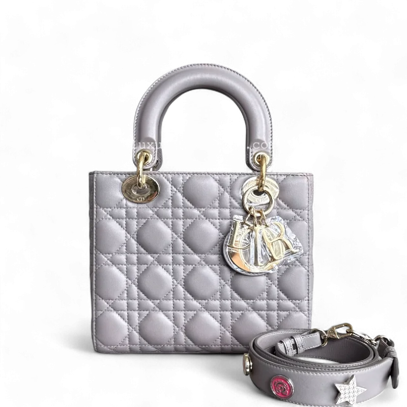 Dior Lady Small - Cannage Lambskin Grey Gray Gold Hardware with Charms