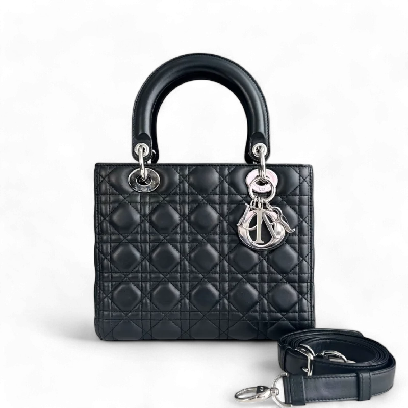 Dior Lady Medium - Cannage Lamsbkin Black Silver Hardware Adjustable Strap