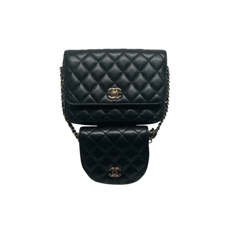 CHANEL/Bag/Leather/BLK/DOUBLE PURSE