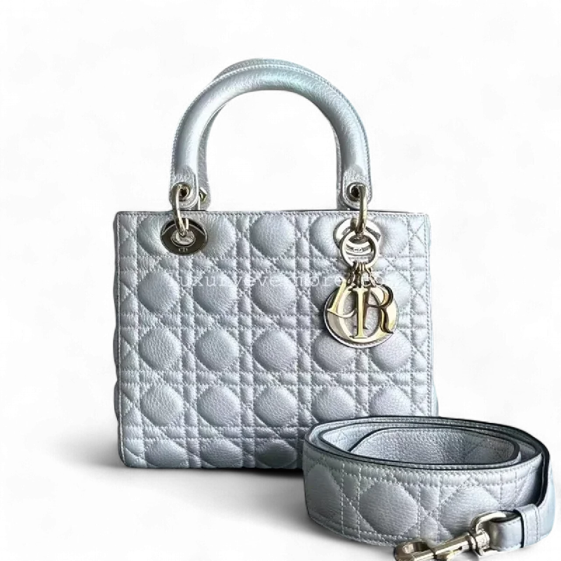 *Flap Open* Dior Lady Medium - Grained Calfskin Metallic Silver Golden Hardware