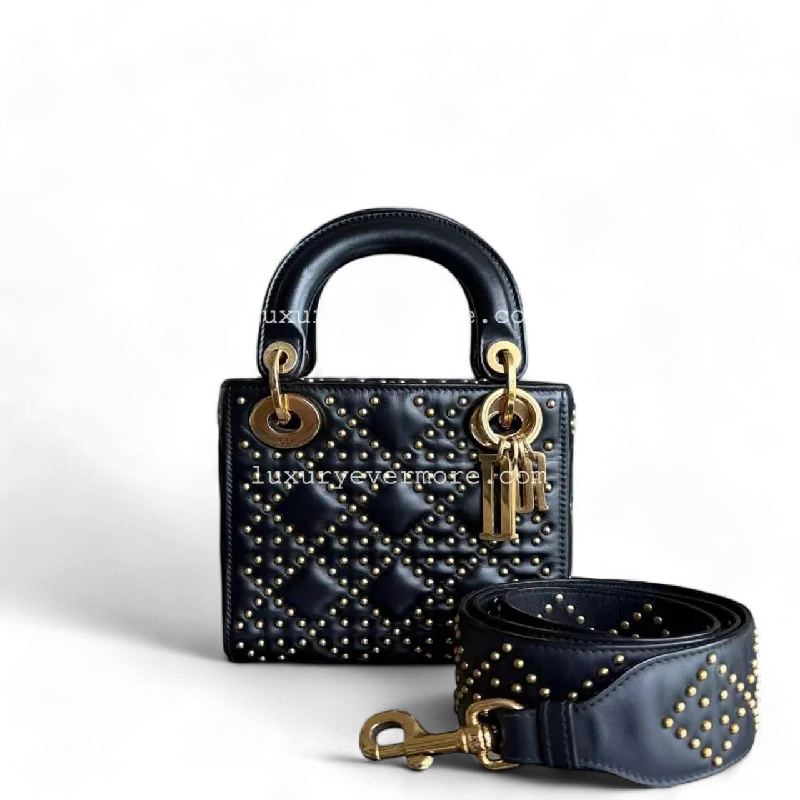 Dior Lady Mini Quilted Studded Lambskin Black Golden Hardware